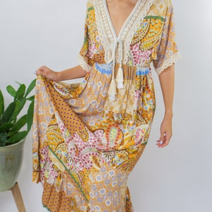 Viscose Boho Maxi Dress • Lace Tassel • Bohemian Clothing • Casual Dress • Skirt Lining • Batwing Sleeves • Loose Fit • Ruffled Dress