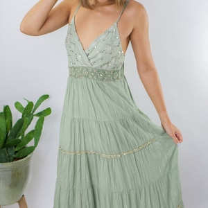 Boho Cotton Maxi Dress • Adjustable Straps • Ruffled Dress • Casual Sleeveless Dress • Bohemian Dress • Sequins and Fringes • Skirt Lining