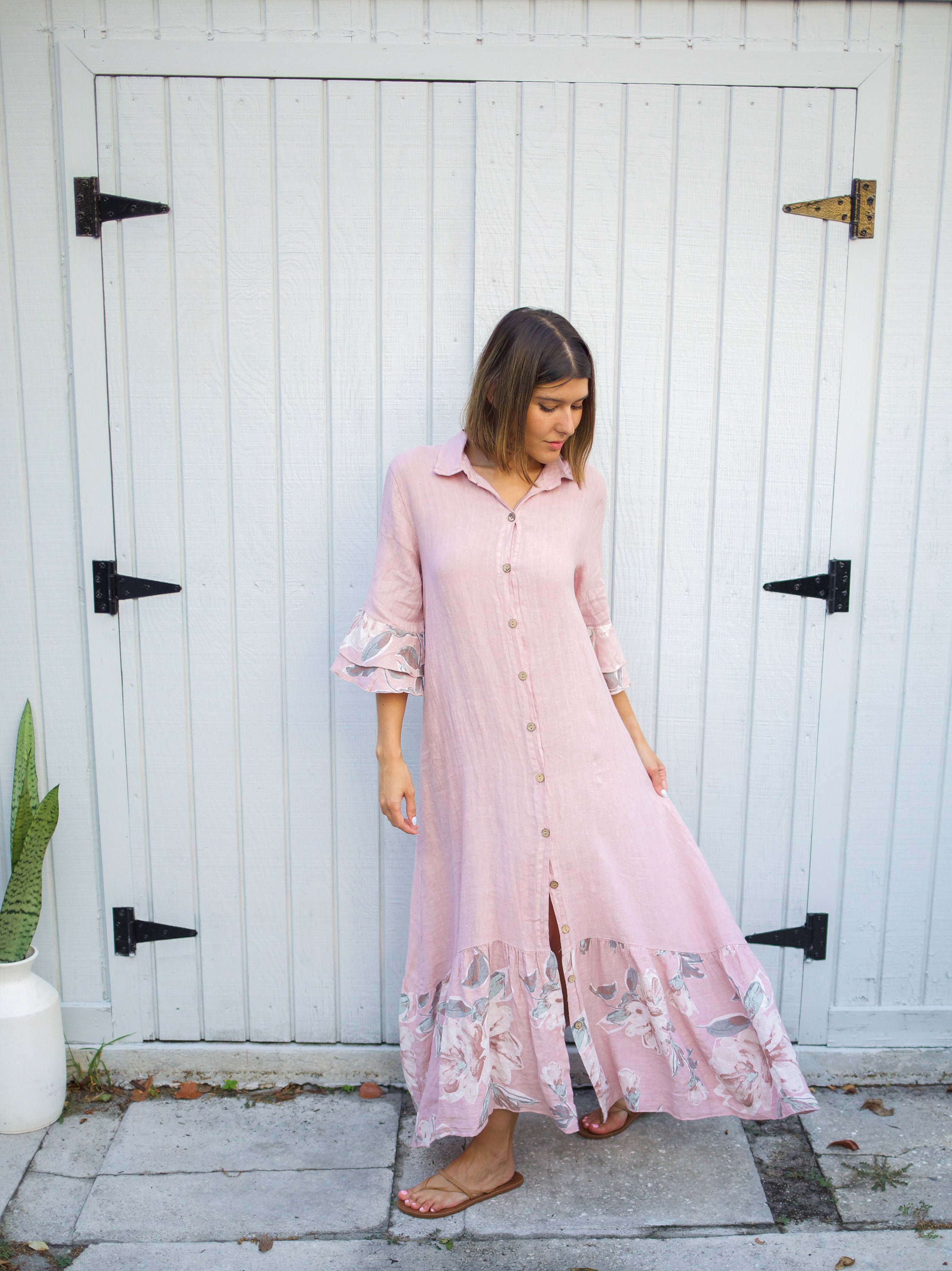 knee length dresses for ladies Momyknows Boho Solid Color Off Shoulder Backless Linen Cotton Ruffle 2-in-1 Crop Cap Sleeve Side Slit Photoshoot Maternity Maxi Dress main image 1
