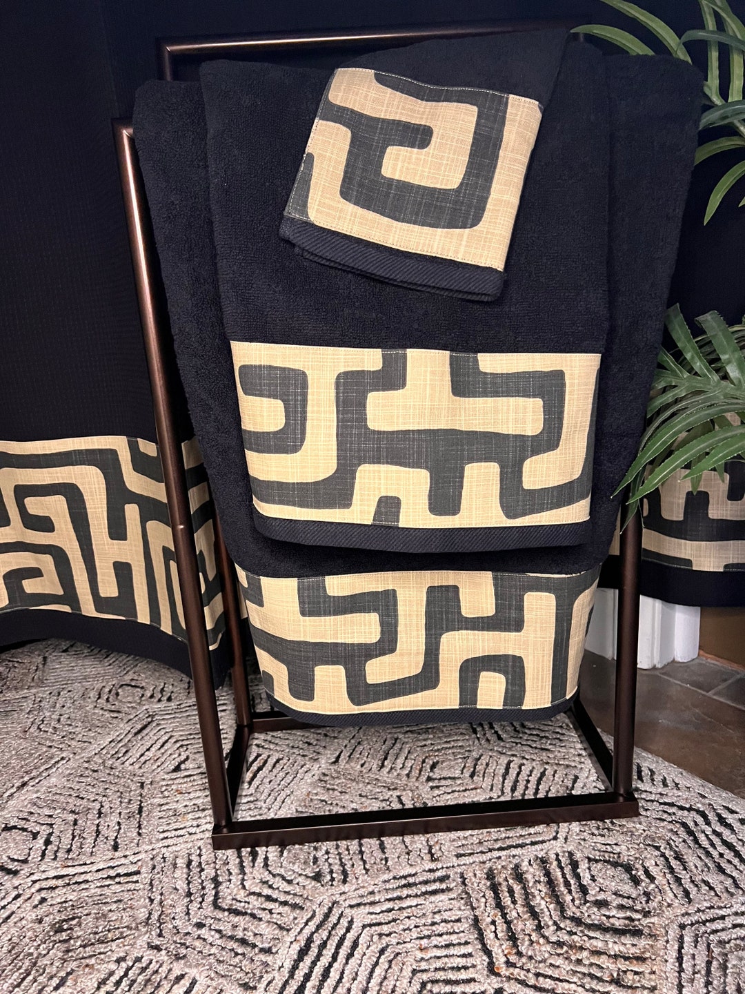 Beautiful 3 Pc Kuba Black and Tan Bath Towel Set. (MADE TO ORDER) - Etsy
