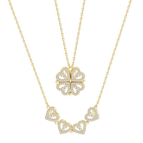 Collier coeur magnétique trèfle à quatre feuilles Love four 4 en 1 avec pendentif Love diamant 2 côtés, collier trèfle coeurs porte-bonheur 2023