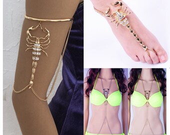 New Trend Gothic Scorpion Armband Creative Retro Hand, Diamond Scorpion Anklet, Fashion Exaggerated Diamond-Studded Scorpion Body Chain, BFF