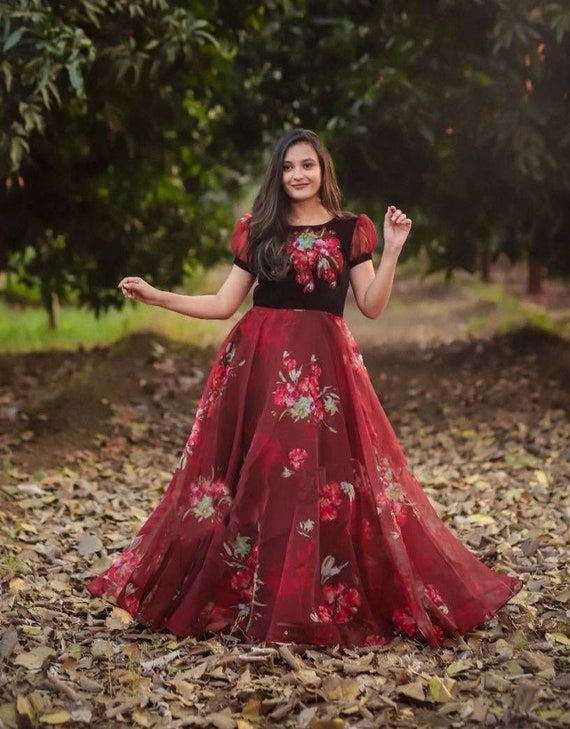 maroon colour gown design