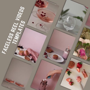 Könnte beinhalten: Eine Sammlung von neun Instagram-Reel-Vorlagen mit rosa Hintergründen und verschiedenen Speisen und Getränken, darunter Kekse, Smoothies und Cocktails. Der Text "FACELESS REEL VIDEOS TEMPLATES" wird in Weiß auf einem grauen Hintergrund angezeigt.