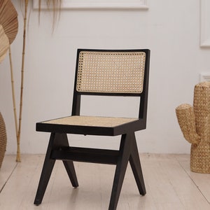 Set of 2 Chairs Teak and Handwoven Rattan Chair, Wooden Rattan Dining Chair, Black Rattan Chair image 1