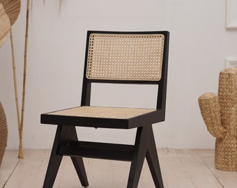 Set of 2 Chairs Teak and Handwoven Rattan Chair, Wooden Rattan Dining Chair, Black Rattan Chair