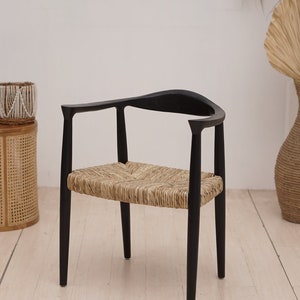 Set of 2 Chairs Teak Rattan Chair, Wooden Rattan Dining Chair, Black Rattan Chair image 1