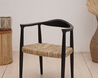 Set of 2 Chairs Teak Rattan Chair, Wooden Rattan Dining Chair, Black Rattan Chair