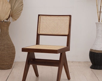 Set of 2 Chairs Teak and Handwoven Rattan Chair, Wooden Rattan Dining Chair, Black Rattan Chair