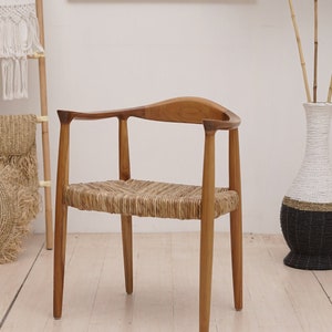 Set of 2 Chairs Teak Rattan Chair, Wooden Rattan Dining Chair, Black Rattan Chair