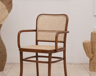 Set of 2 Chairs Teak and Handwoven Rattan Chair, Wooden Rattan Dining Chair, Black Rattan Chair