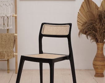 Set of 2 Chairs Teak and Handwoven Rattan Chair, Wooden Rattan Dining Chair, Black Rattan Chair