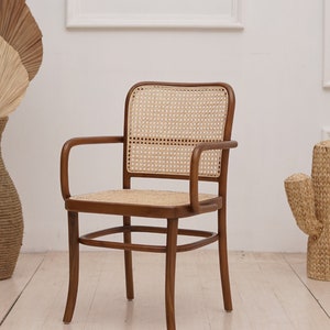 Set of 2 Chairs Teak and Handwoven Rattan Chair, Wooden Rattan Dining Chair, Black Rattan Chair