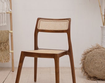 Set of 2 Chairs Teak and Handwoven Rattan Chair, Wooden Rattan Dining Chair, Black Rattan Chair, Walnut Rattan Chair