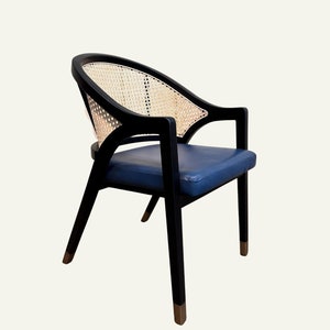 Leather Dining Table Chair - Rattan Back Chair - Mid-Century Modern Chair - Handmade Wooden Dining Chair - Chairs for Dining Room