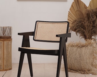 Set of 2 Chairs Teak and Handwoven Rattan Chair, Wooden Rattan Dining Chair, Black Rattan Chair