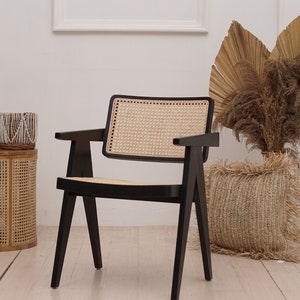 Set of 2 Chairs Teak and Handwoven Rattan Chair, Wooden Rattan Dining Chair, Black Rattan Chair image 1