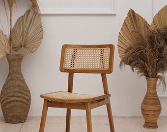 Set of 2 Chairs Teak and Handwoven Rattan Chair, Wooden Rattan Dining Chair, Black Rattan Chair, Walnut Rattan Chair