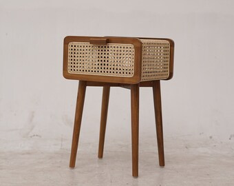 Rattan End Table, Rattan Night Stand, Wood Side Table