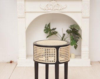 Rattan End Table, Rattan Night Stand, Wood Side Table, Black end table