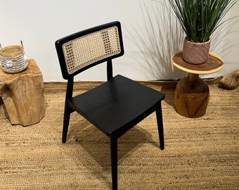Set of 2 Chairs Teak and Handwoven Rattan Chair, Wooden Rattan Dining Chair, Black Rattan Chair, Walnut Rattan Chair