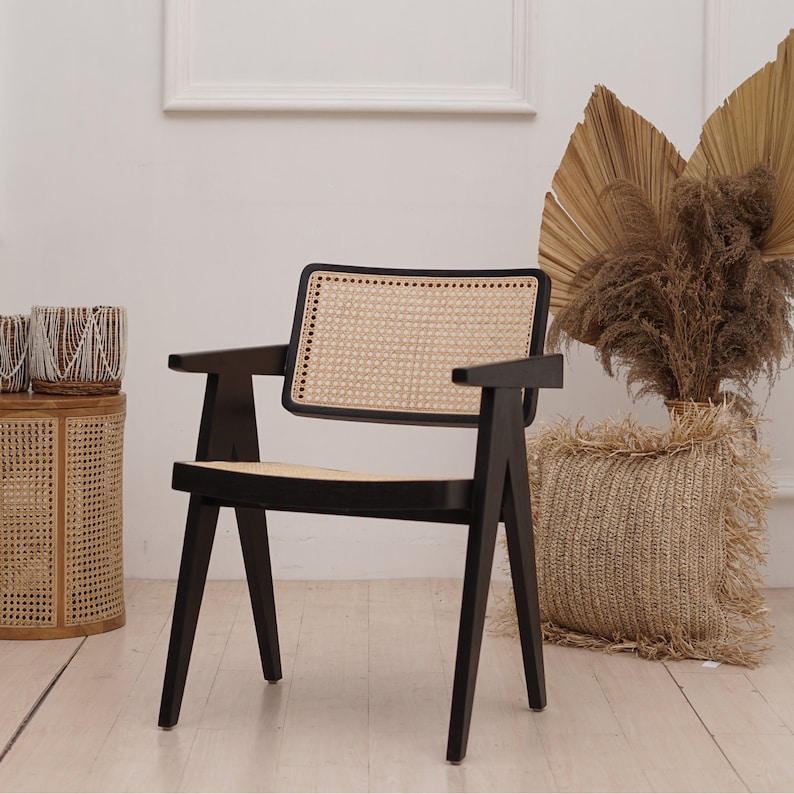 Set of 2 Chairs Teak and Handwoven Rattan Chair, Wooden Rattan Dining Chair, Black Rattan Chair image 1