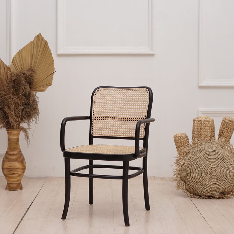 Set of 2 Chairs Teak and Handwoven Rattan Chair, Wooden Rattan Dining Chair, Black Rattan Chair image 6