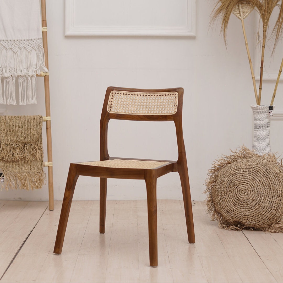 Teak and Handwoven Rattan Chair, Wooden Rattan Dining Chair, Black Rattan Chair, Walnut Rattan