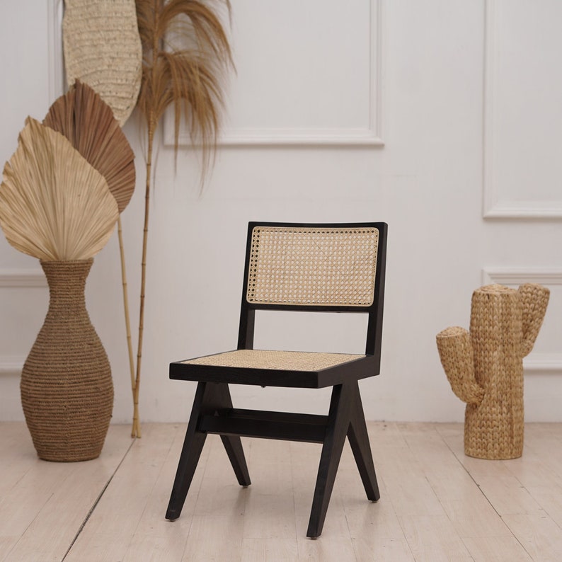 Set of 2 Chairs Teak and Handwoven Rattan Chair, Wooden Rattan Dining Chair, Black Rattan Chair image 1