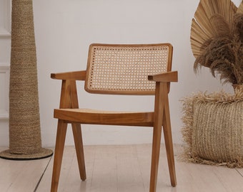 Set of 2 Chairs Teak and Handwoven Rattan Chair, Wooden Rattan Dining Chair, Black Rattan Chair