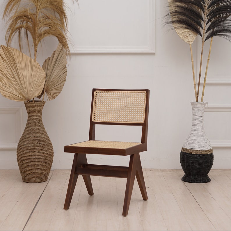 Set of 2 Chairs Teak and Handwoven Rattan Chair, Wooden Rattan Dining Chair, Black Rattan Chair image 2