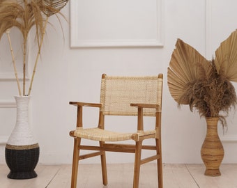 Set of 2 Chairs Teak Rattan Chair, Wooden Rattan Dining Chair, Black Rattan Chair, Walnut Wood Chair