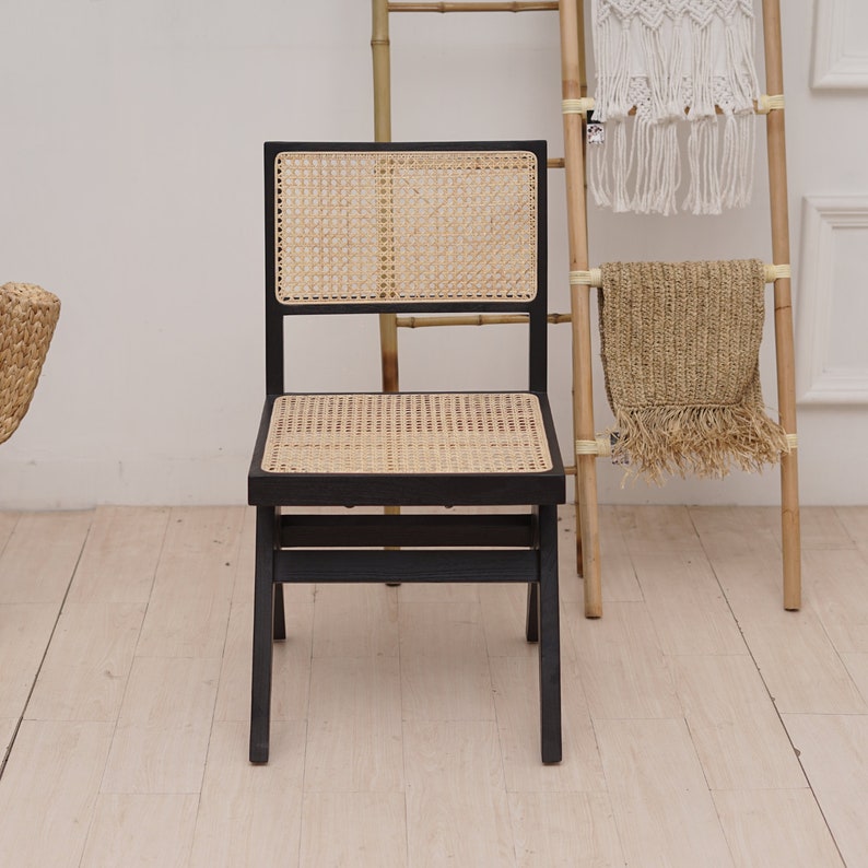 Set of 2 Chairs Teak and Handwoven Rattan Chair, Wooden Rattan Dining Chair, Black Rattan Chair image 5