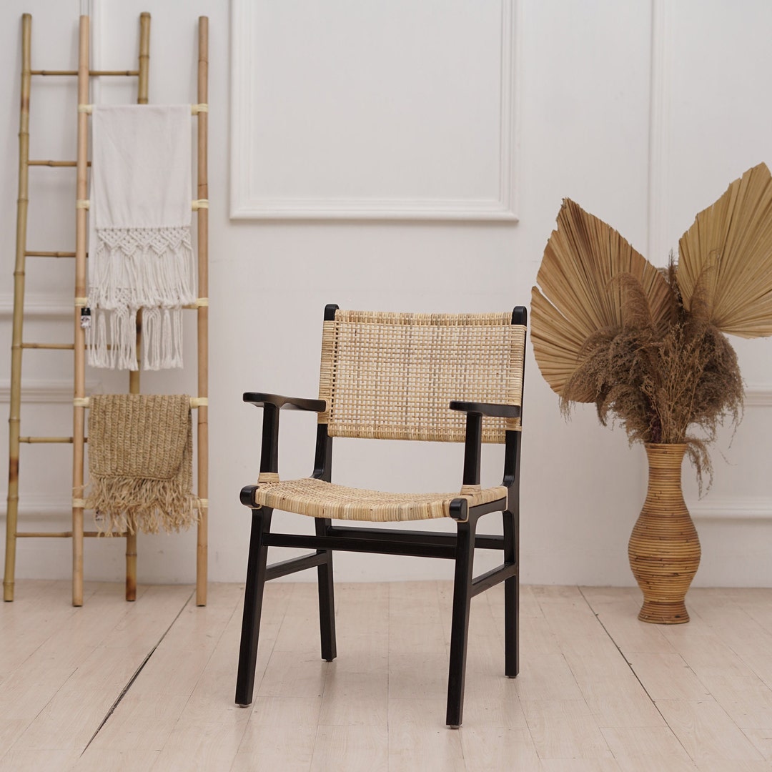 Teak Rattan Chair, Wooden Rattan Dining Chair, Black Rattan Chair, Walnut Wood Chair - Etsy