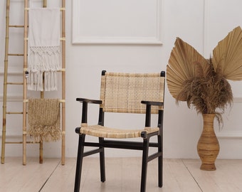 Set of 2 Chairs Teak Rattan Chair, Wooden Rattan Dining Chair, Black Rattan Chair, Walnut Wood Chair