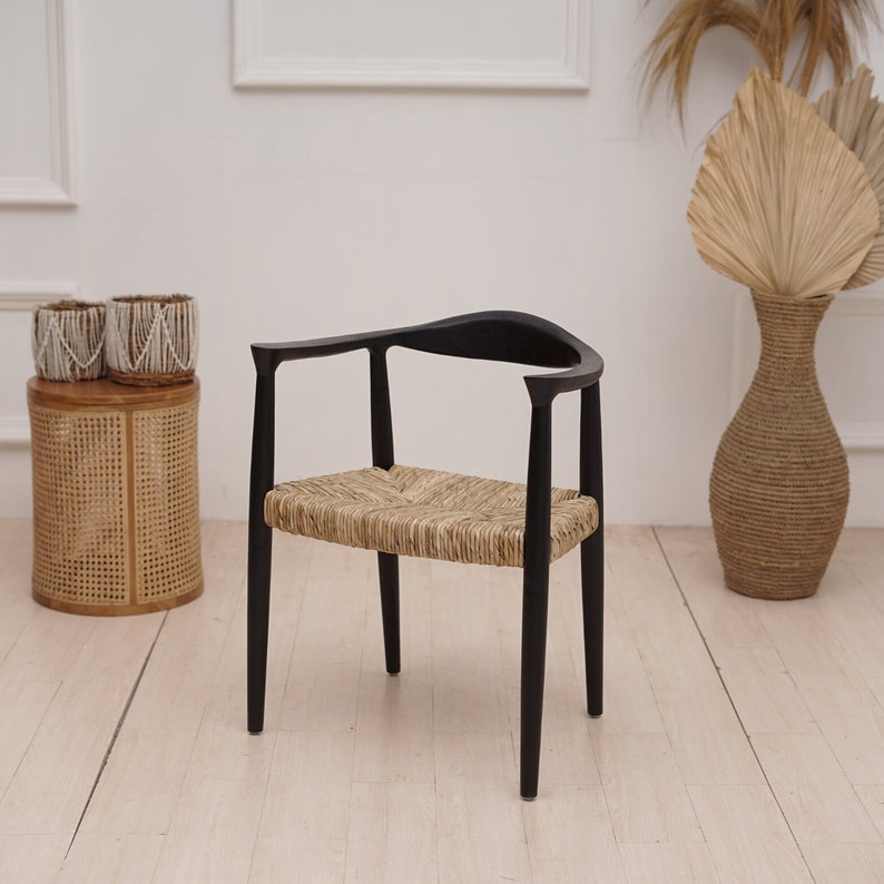 Set of 2 Chairs Teak Rattan Chair, Wooden Rattan Dining Chair, Black Rattan Chair image 1