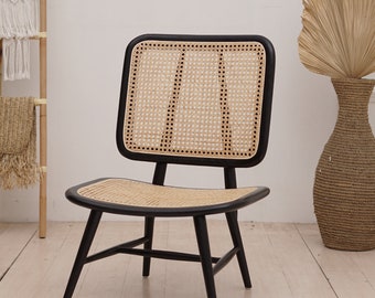 Teak and Handwoven Rattan Chair, Wooden Rattan Dining Chair, Black Rattan Chair