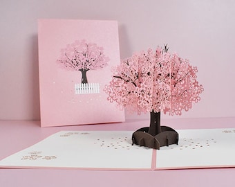 Pink Cherry Blossom Tree Pop up Greeting Card, Valentine's Day Gift Love Message, Best Wishes