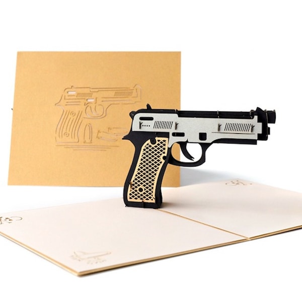 Pistol Gun 3D Pop Up Greeting Card, Father's Day Gift Message Card