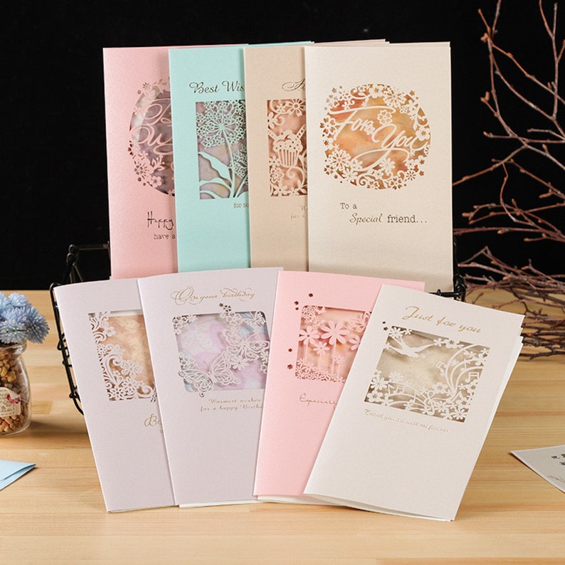8 Styles Laser Cut Greeting Cards, Hollow Out Flowers, Best Wishes Etsy