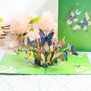 Flying Butterfly 3D Pop Up Greeting Card, Colourful Flowers, Best Wishes Message