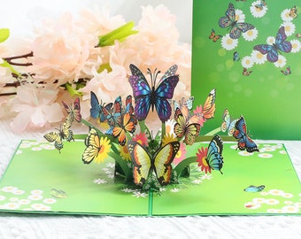 Flying Butterfly 3D Pop Up Greeting Card, Colourful Flowers, Best Wishes Message