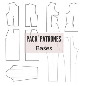 Puede incluir: Un conjunto de patrones de costura para hacer ropa. Los patrones están etiquetados como "PACK PATRONES Bases".