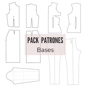 Puede incluir: Un conjunto de patrones de costura para hacer ropa. Los patrones están etiquetados como "PACK PATRONES Bases".