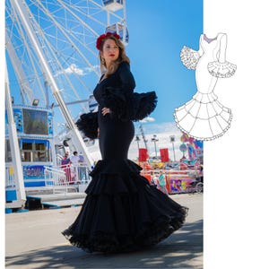 Vestido de flamenca , patrones descargables. con volantes y enaguas de clavel