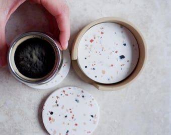 Terrazzo Coaster Set with holder – Round Jesmonite Coasters for Table Protection