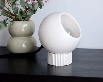 Globe bedside lamp with white wave stand, circle table light from plaster, circular handmade desk lamp