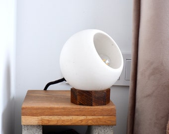 Round white table lamp with wooden stand, designer white round table lamp