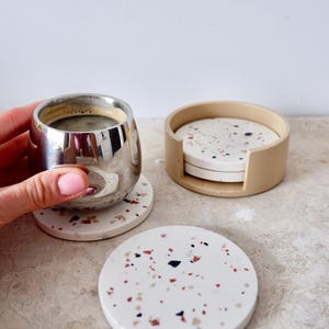 Terrazzo Coaster Set with holder – Round Jesmonite Coasters for Table Protection