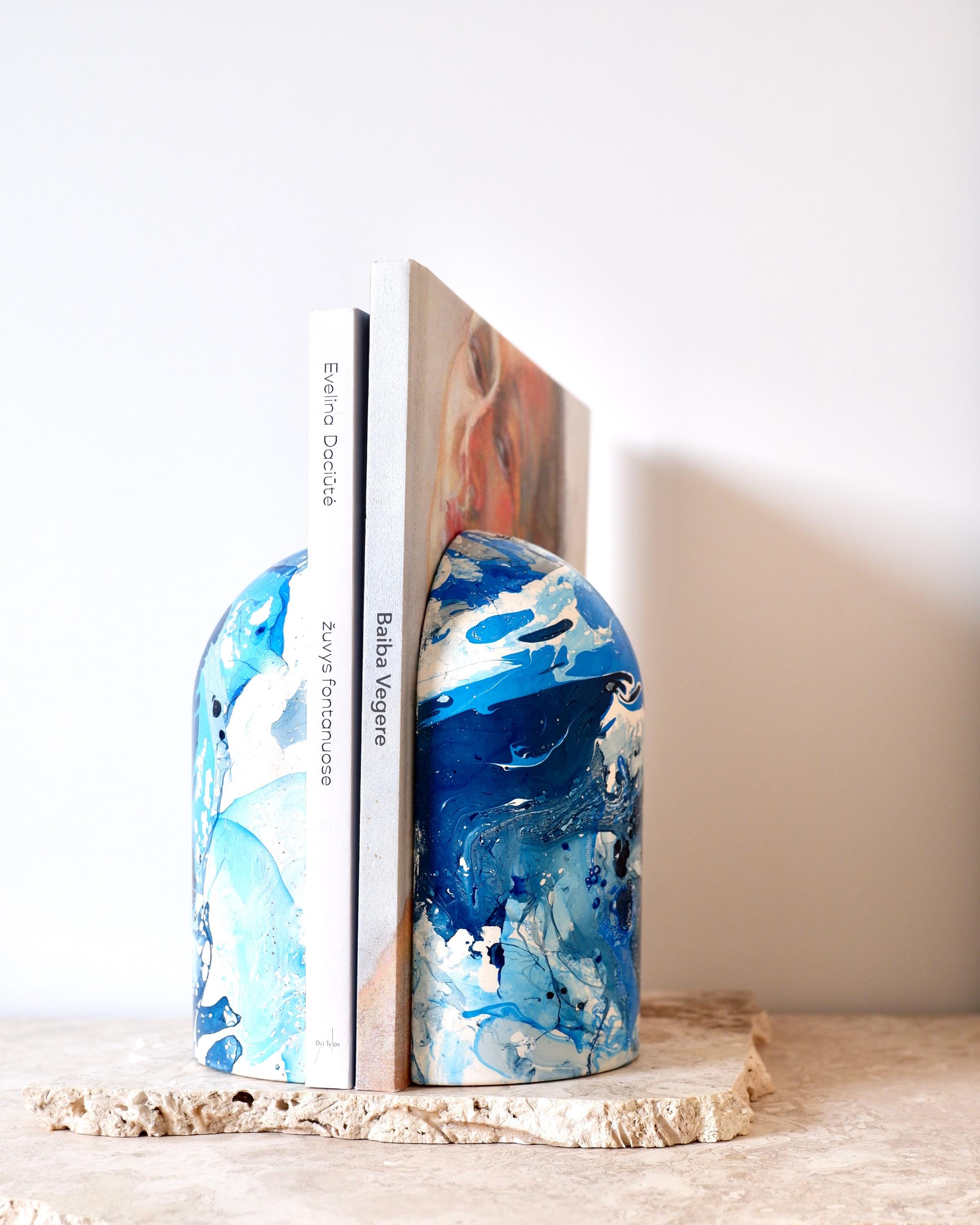 Navy Blue Marble Effect Plaster Bookends - Modern Set For Home Decor & Shelves